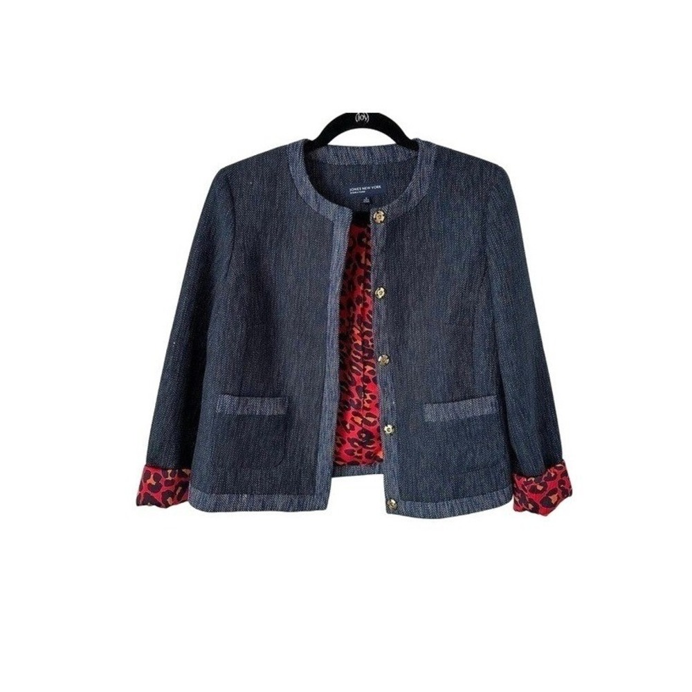 Jones New York Collarless Denim Tweed Blazer Jacket Red Cheetah Print Lined Sz 4